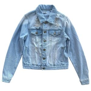 Fashion Nova Womens S Light Wash Blue Distressed Iconic Denim Jean Jacket KJ9439